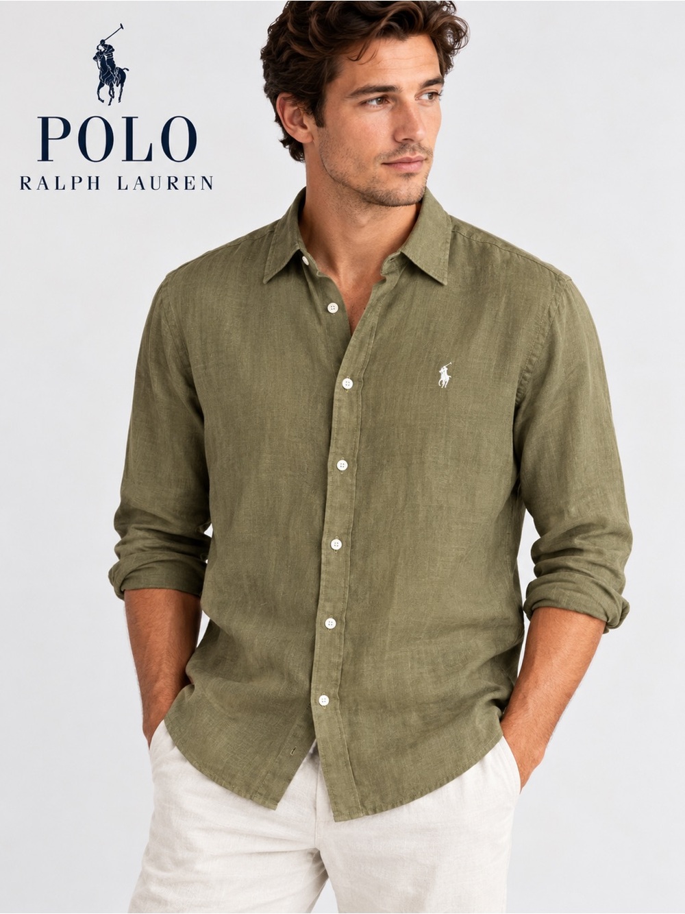 Ralph Lauren Olive Green Linen Button-Down Shirt with Embroidered Pony Logo
